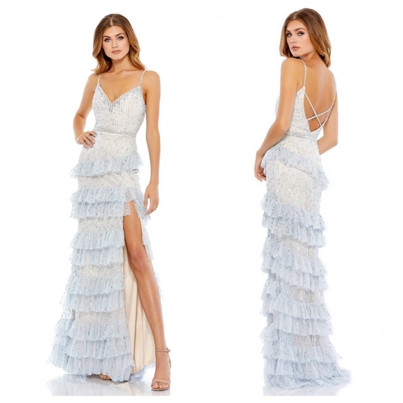 Mac Duggal Dresses & Skirts - NEW Mac Duggal Tiered Ruffle Sequin Gown Maxi Dress Powder Blue 9116